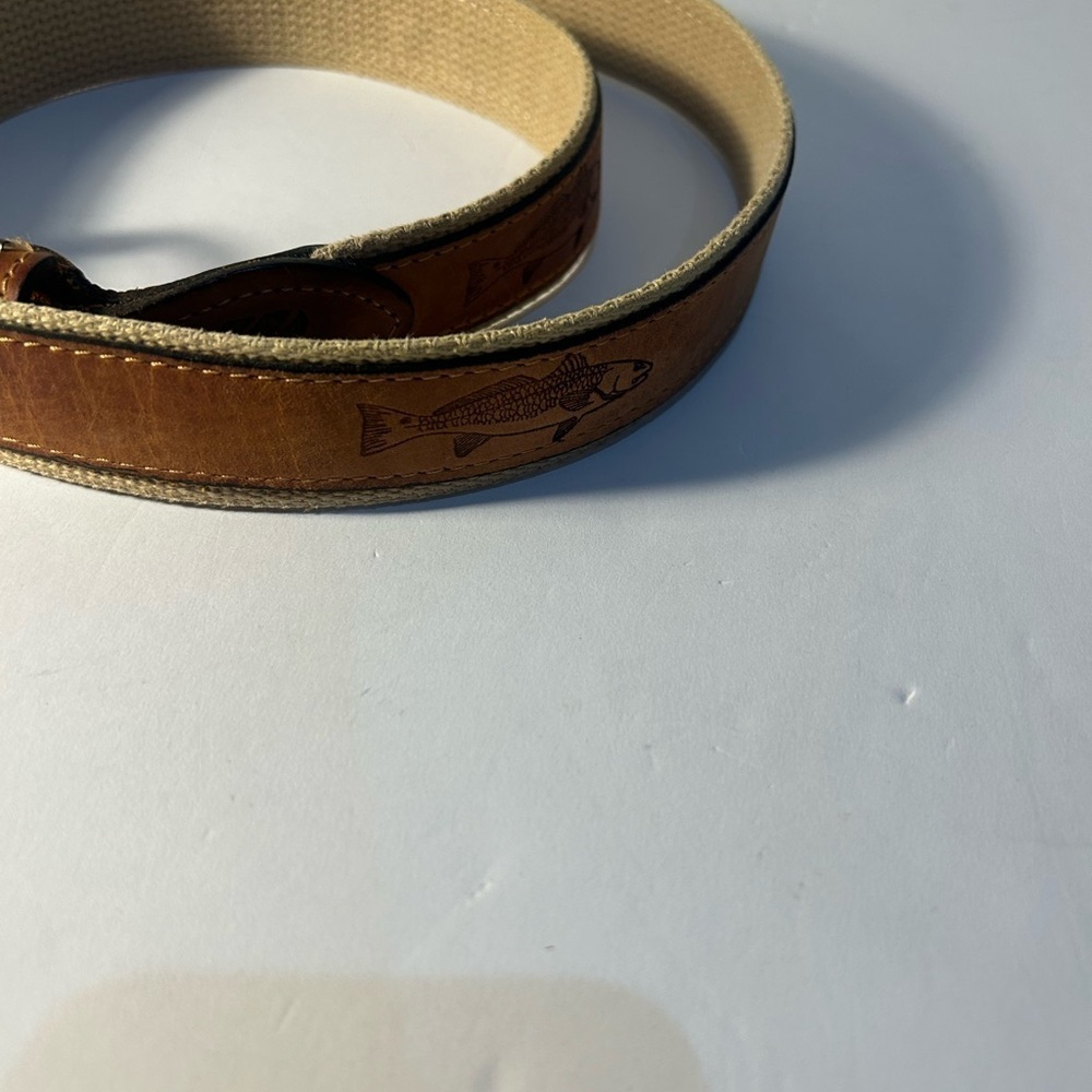 Brown and Tan Leather Belt with Decorative Stitching - Picture 2 of 3